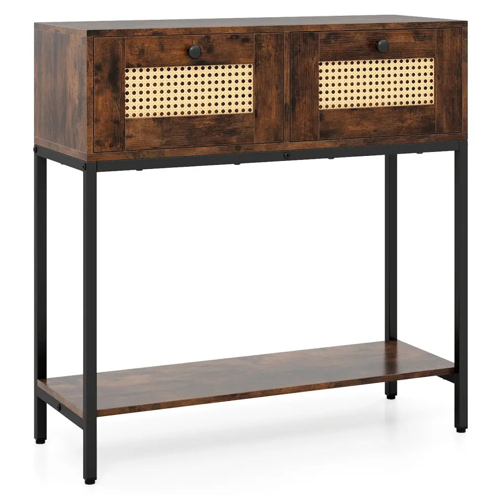 Rattan Console Table Boho Entryway Table with 2 Rattan Drawers and Open Storage Shelf-Rustic Brown - Rustic Brown