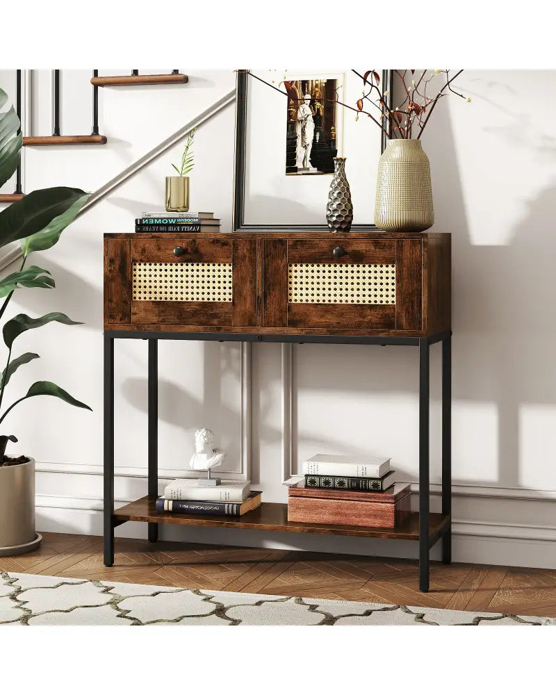 Rattan Console Table Boho Entryway Table with 2 Rattan Drawers and Open Storage Shelf-Rustic Brown - Rustic Brown