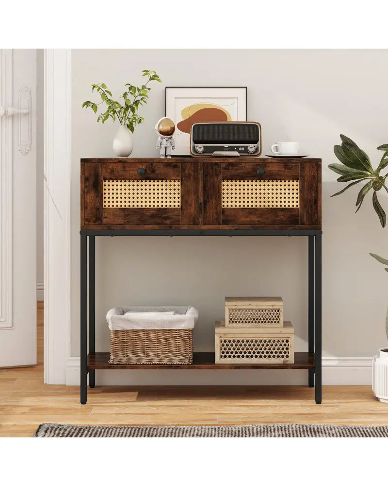 Rattan Console Table Boho Entryway Table with 2 Rattan Drawers and Open Storage Shelf-Rustic Brown - Rustic Brown