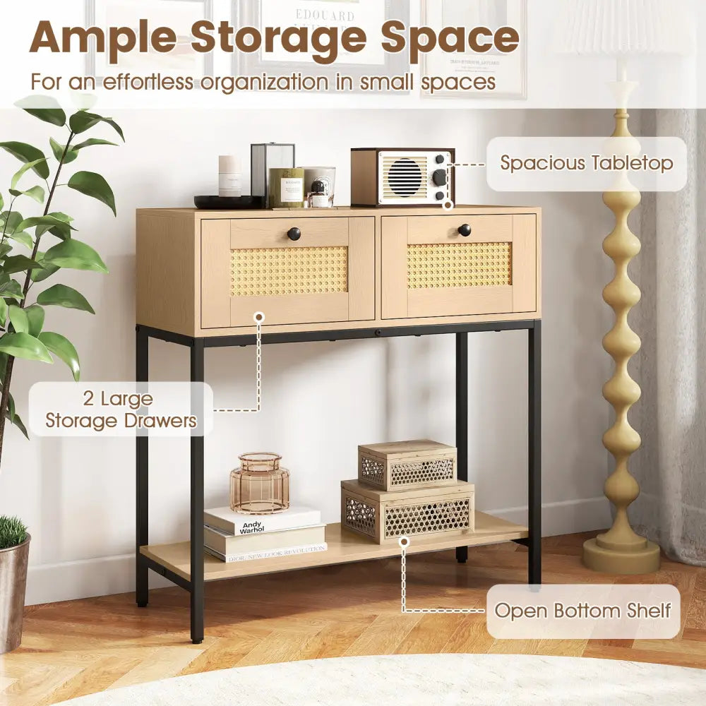 Rattan Console Table Boho Entryway Table with 2 Rattan Drawers and Open Storage Shelf-Oak - Oak - Console Tables