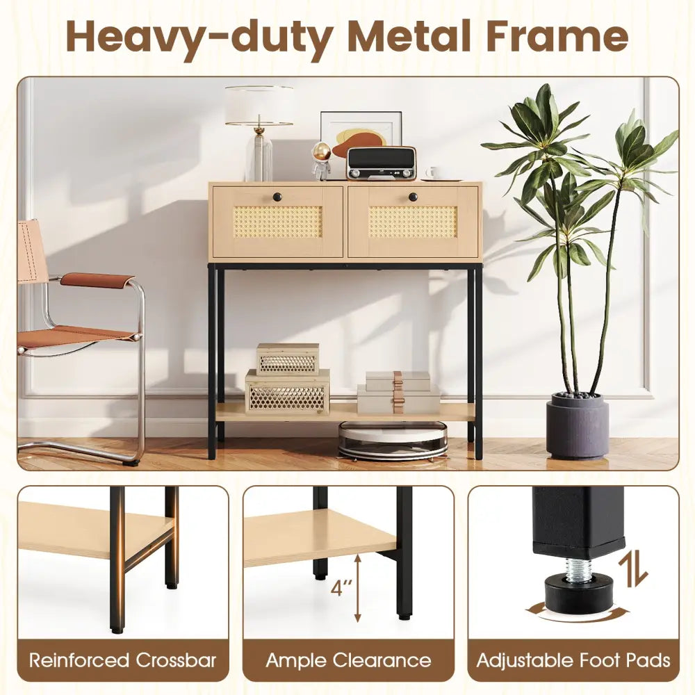 Rattan Console Table Boho Entryway Table with 2 Rattan Drawers and Open Storage Shelf-Oak - Oak - Console Tables