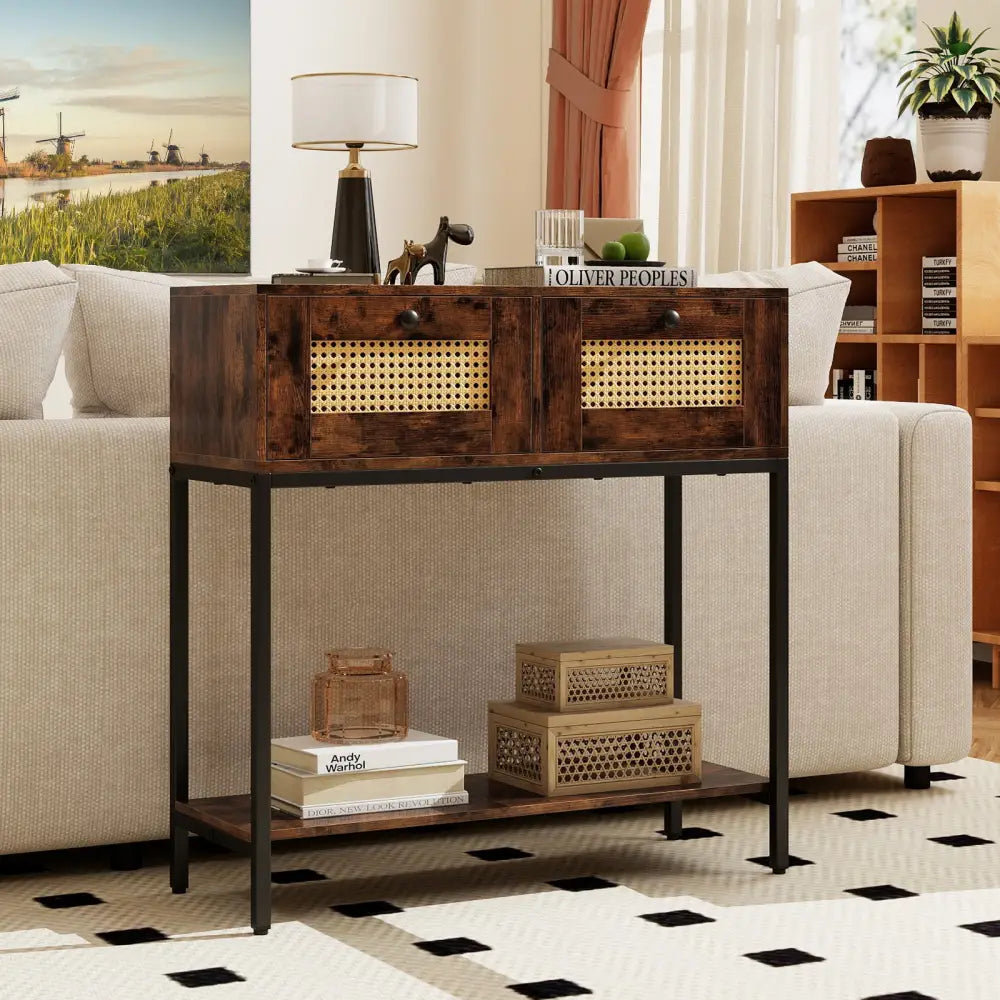 Rattan Console Table Boho Entryway Table with 2 Rattan Drawers and Open Storage Shelf-Rustic Brown - Rustic Brown