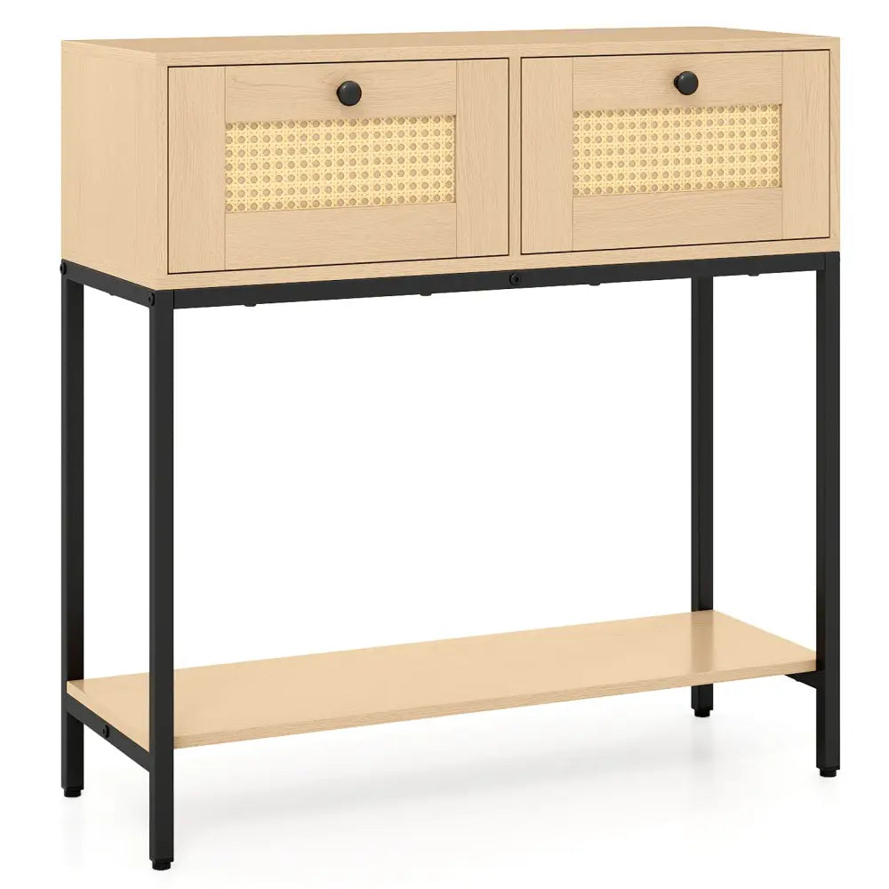 Rattan Console Table Boho Entryway Table with 2 Rattan Drawers and Open Storage Shelf-Oak - Oak - Console Tables