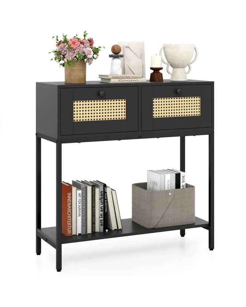 Rattan Console Table Boho Entryway Table with 2 Rattan Drawers and Open Storage Shelf-Black - Black - Console Tables