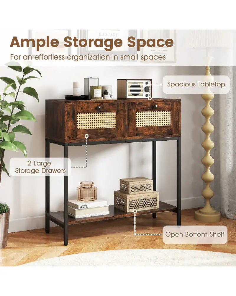 Rattan Console Table Boho Entryway Table with 2 Rattan Drawers and Open Storage Shelf-Rustic Brown - Rustic Brown