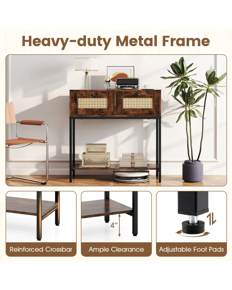 Rattan Console Table Boho Entryway Table with 2 Rattan Drawers and Open Storage Shelf-Rustic Brown - Rustic Brown