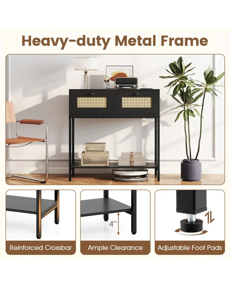Rattan Console Table Boho Entryway Table with 2 Rattan Drawers and Open Storage Shelf-Black - Black - Console Tables