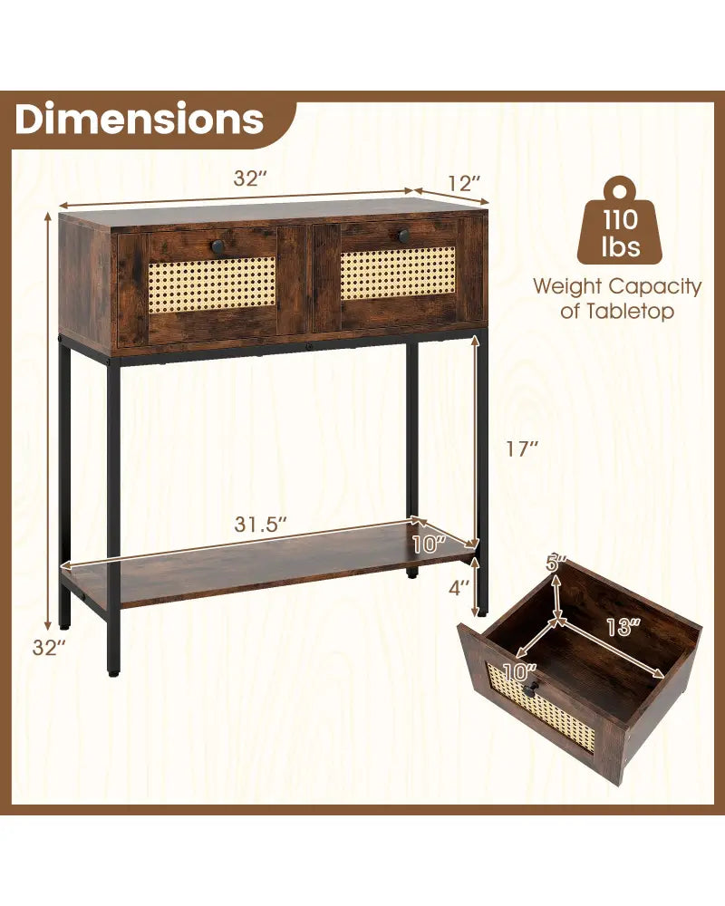 Rattan Console Table Boho Entryway Table with 2 Rattan Drawers and Open Storage Shelf-Rustic Brown - Rustic Brown