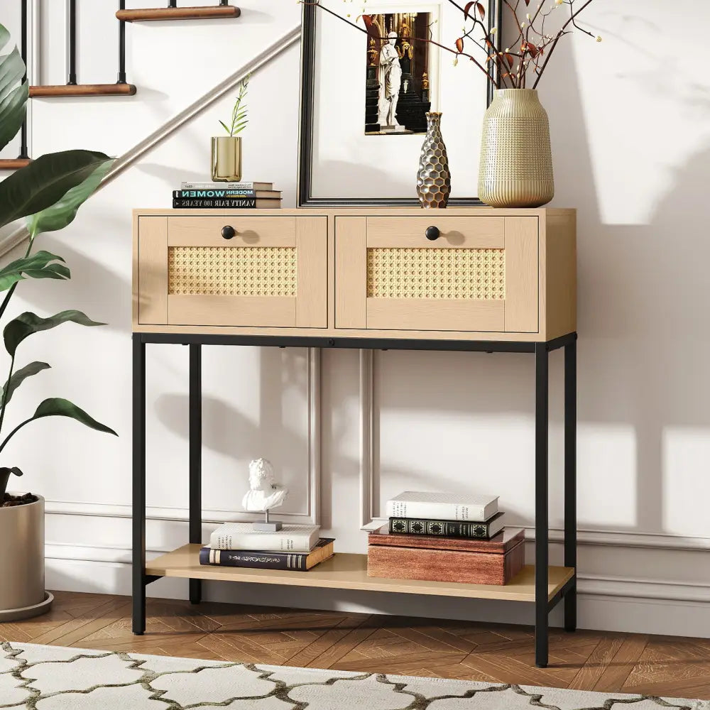 Rattan Console Table Boho Entryway Table with 2 Rattan Drawers and Open Storage Shelf-Oak - Oak - Console Tables