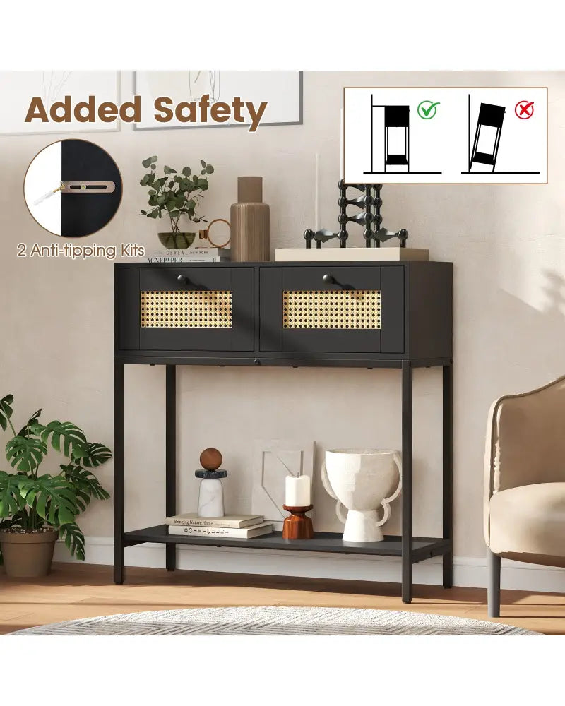 Rattan Console Table Boho Entryway Table with 2 Rattan Drawers and Open Storage Shelf-Black - Black - Console Tables