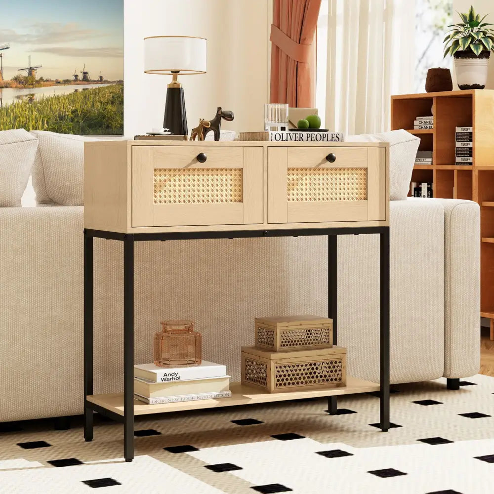 Rattan Console Table Boho Entryway Table with 2 Rattan Drawers and Open Storage Shelf-Oak - Oak - Console Tables
