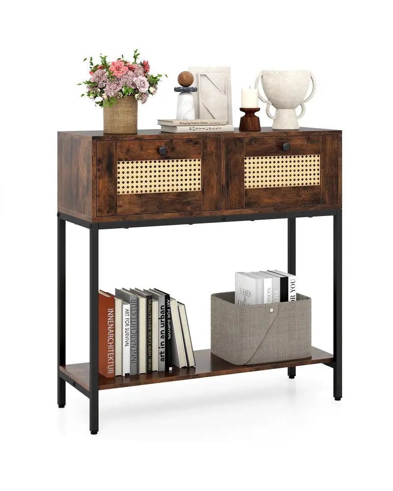 Rattan Console Table Boho Entryway Table with 2 Rattan Drawers and Open Storage Shelf-Rustic Brown - Rustic Brown