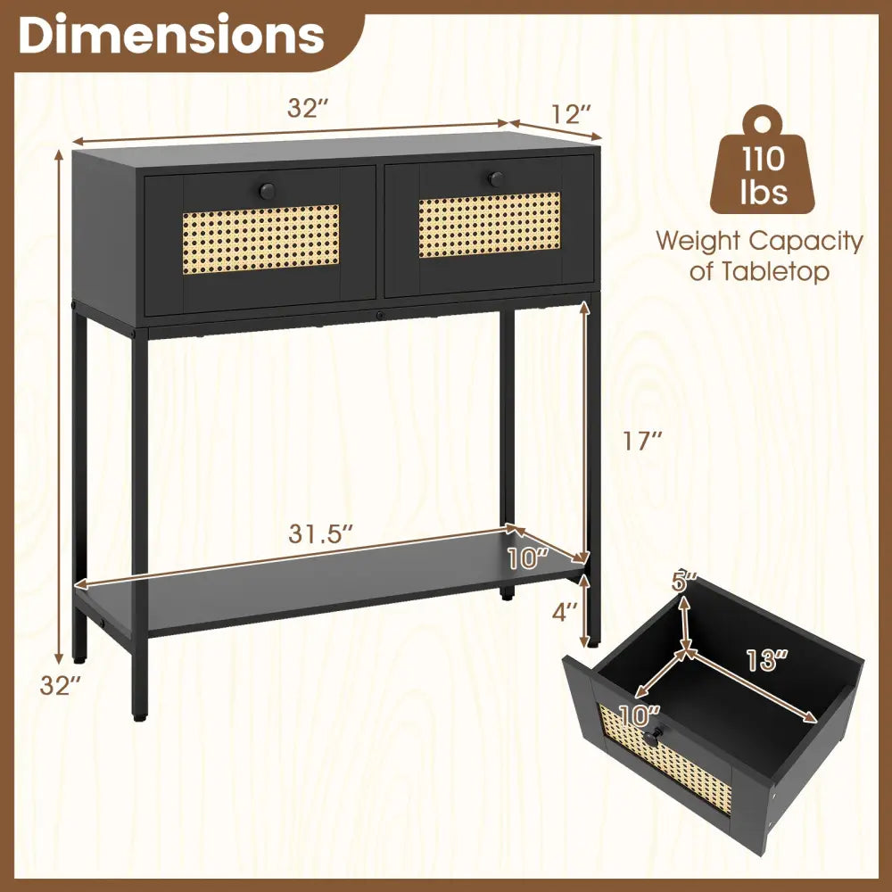 Rattan Console Table Boho Entryway Table with 2 Rattan Drawers and Open Storage Shelf-Black - Black - Console Tables