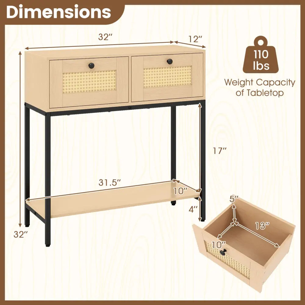 Rattan Console Table Boho Entryway Table with 2 Rattan Drawers and Open Storage Shelf-Oak - Oak - Console Tables
