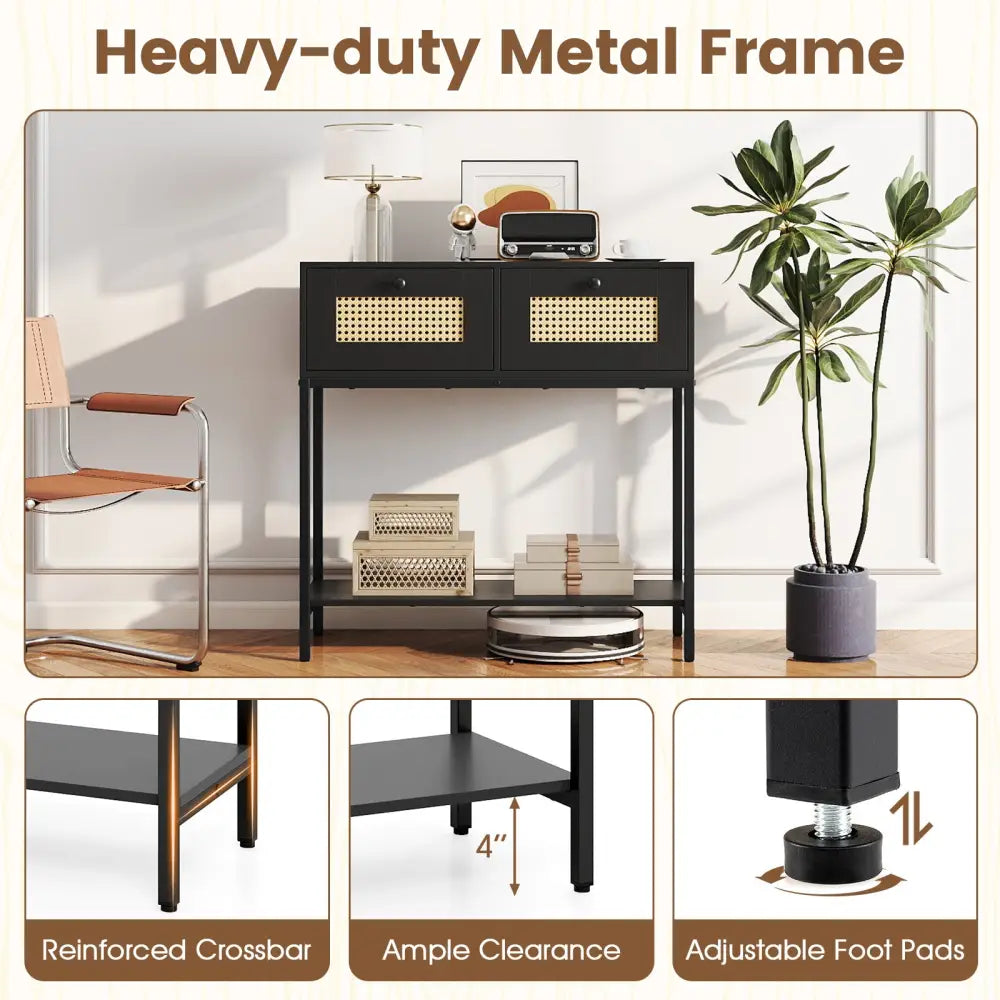Rattan Console Table Boho Entryway Table with 2 Rattan Drawers and Open Storage Shelf-Black - Black - Console Tables