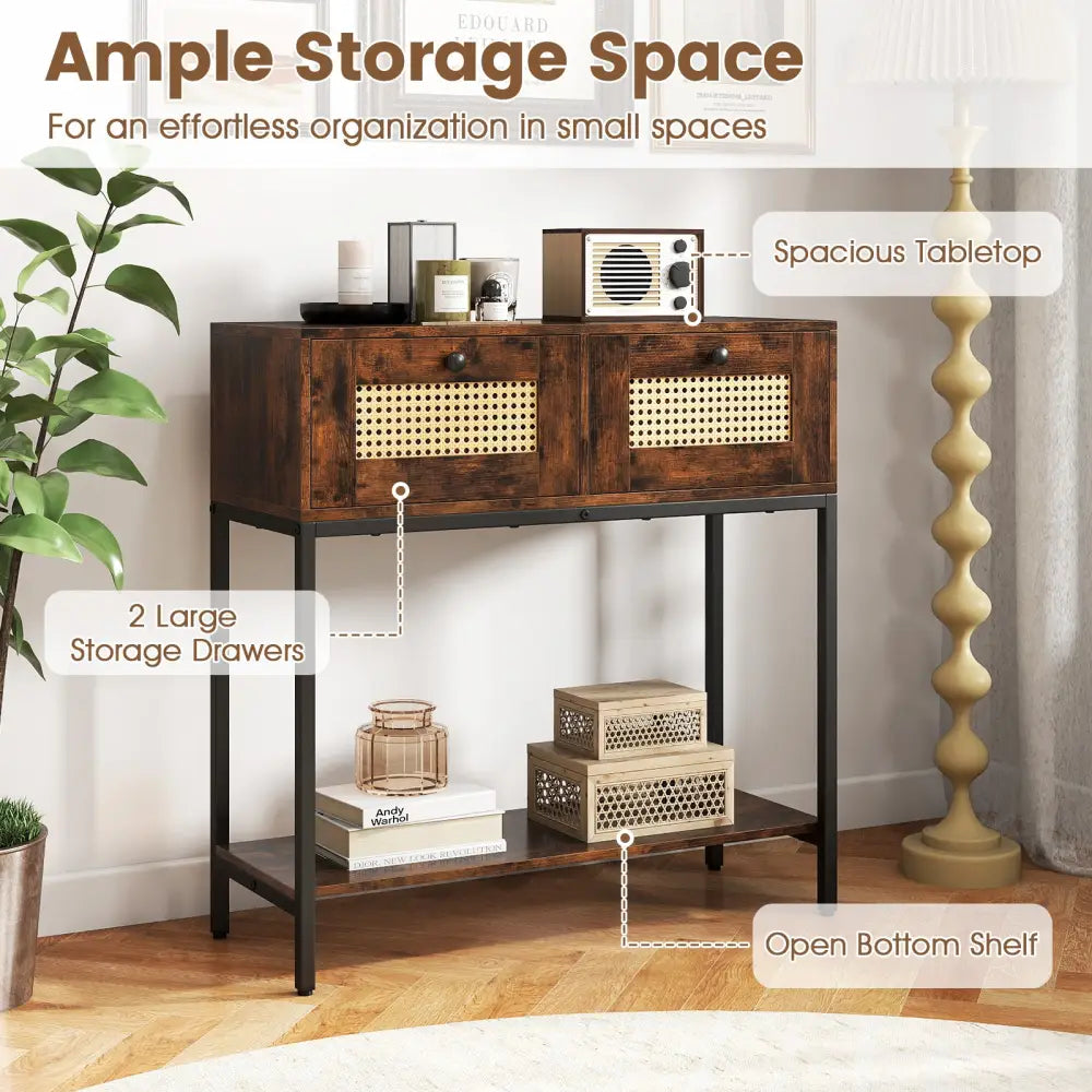 Rattan Console Table Boho Entryway Table with 2 Rattan Drawers and Open Storage Shelf-Rustic Brown - Rustic Brown