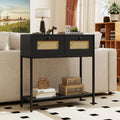 Rattan Console Table Boho Entryway Table with 2 Rattan Drawers and Open Storage Shelf-Black - Black - Console Tables