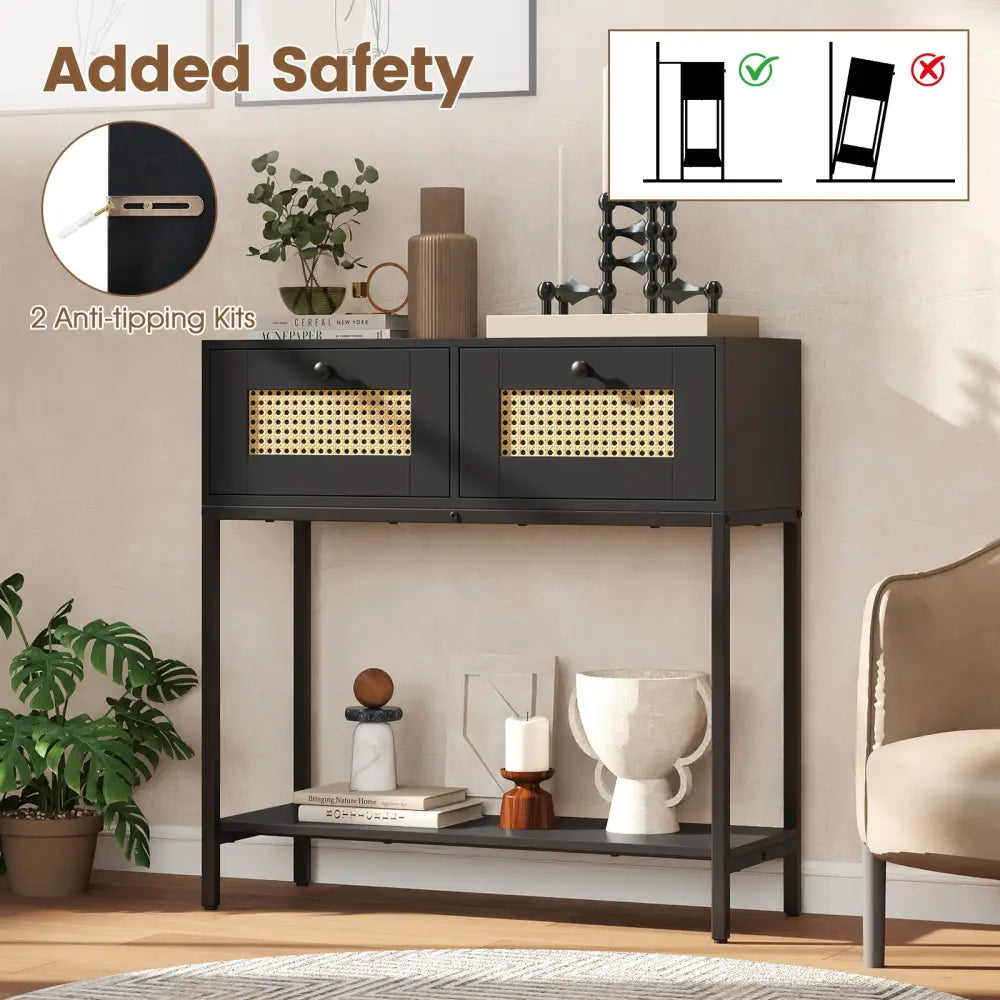 Rattan Console Table Boho Entryway Table with 2 Rattan Drawers and Open Storage Shelf-Black - Black - Console Tables