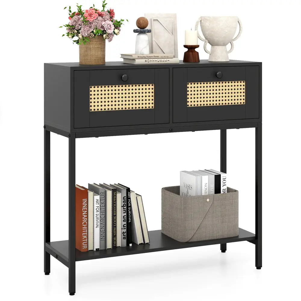 Rattan Console Table Boho Entryway Table with 2 Rattan Drawers and Open Storage Shelf-Black - Black - Console Tables