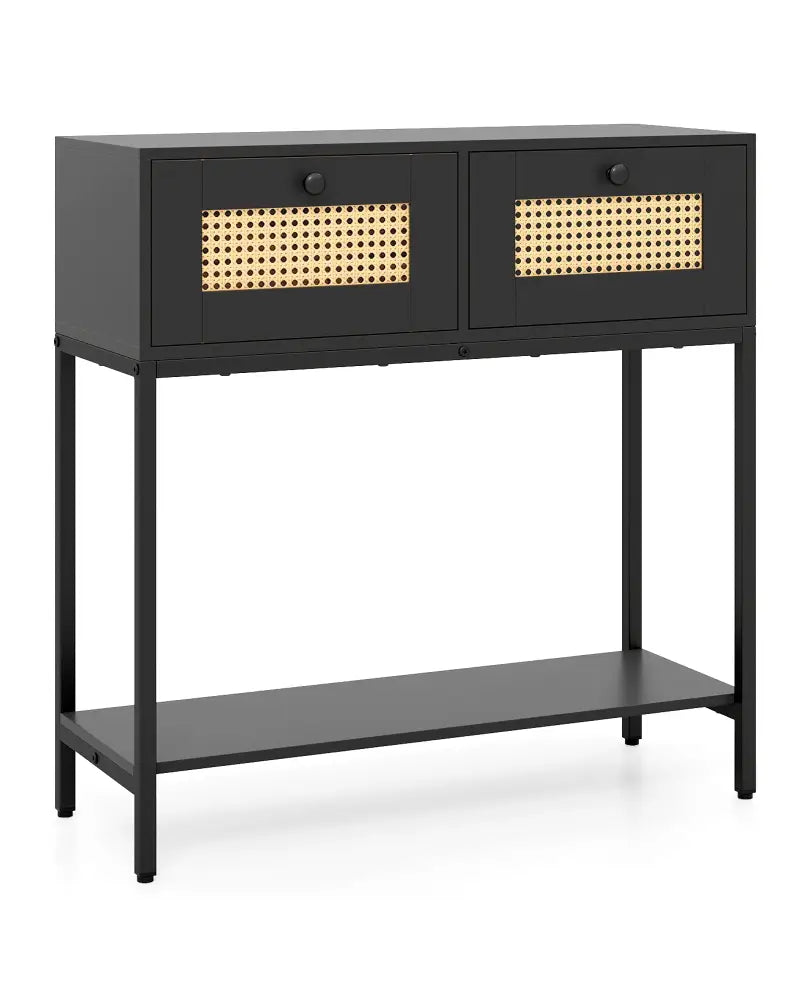Rattan Console Table Boho Entryway Table with 2 Rattan Drawers and Open Storage Shelf-Black - Black - Console Tables