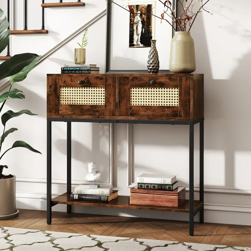 Rattan Console Table Boho Entryway Table with 2 Rattan Drawers and Open Storage Shelf-Rustic Brown - Rustic Brown
