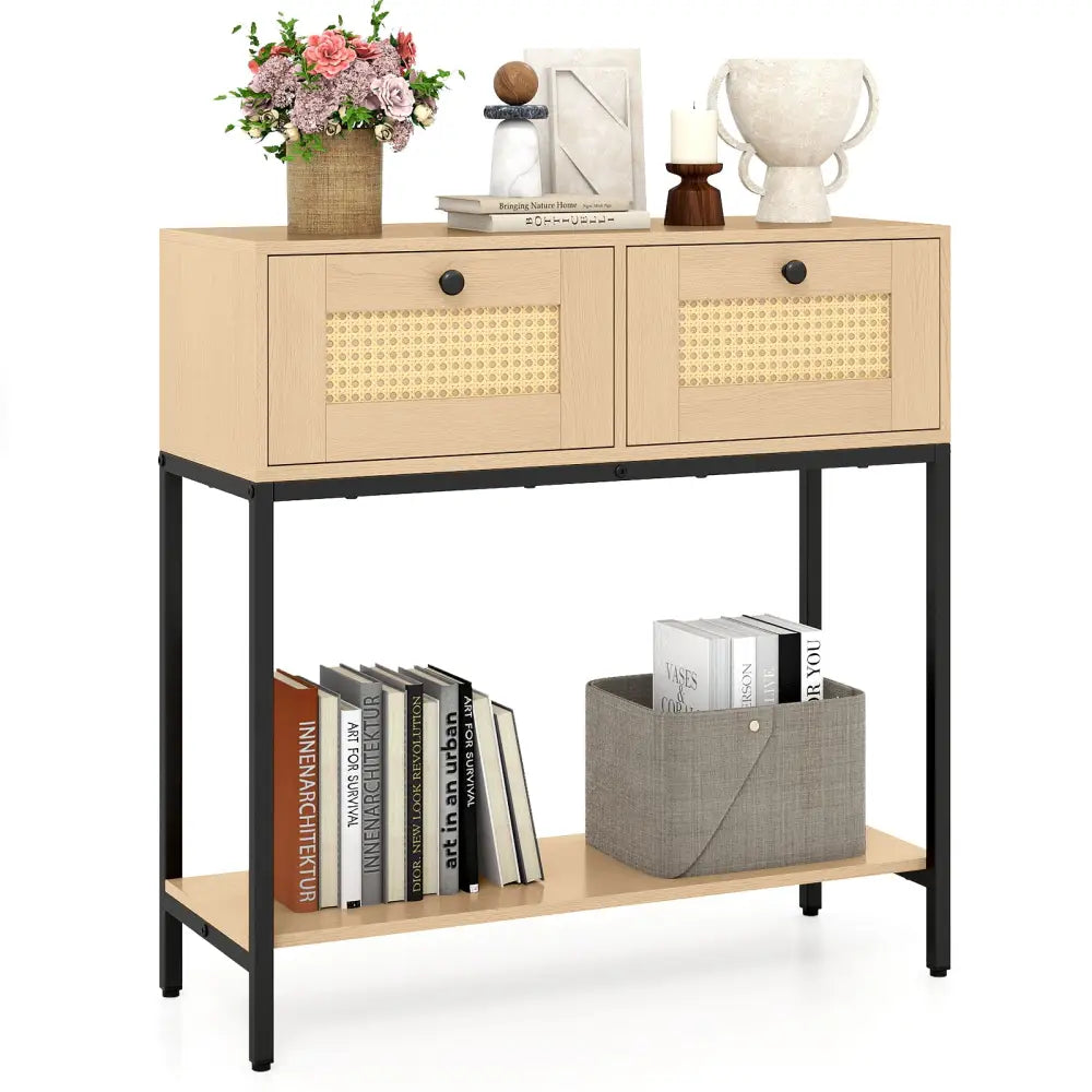 Rattan Console Table Boho Entryway Table with 2 Rattan Drawers and Open Storage Shelf-Oak - Oak - Console Tables