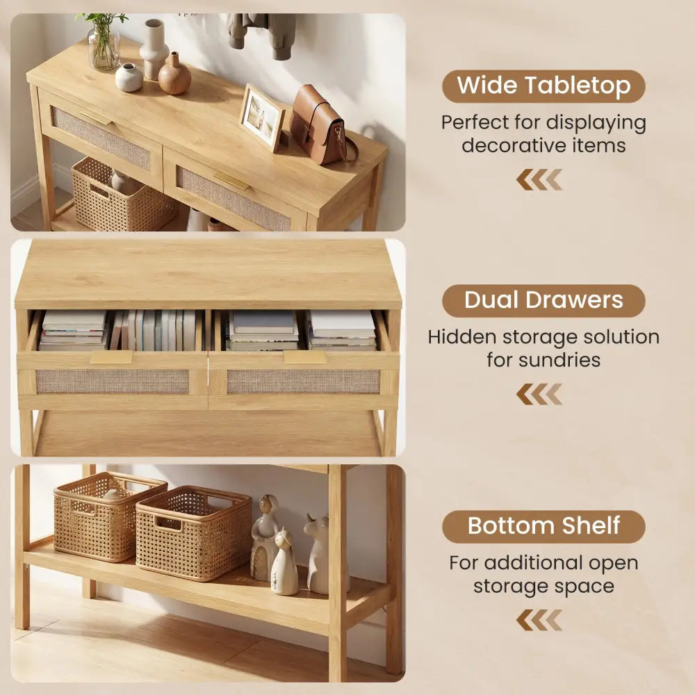 Rattan Console Table with 2 Drawers and Bottom Shelf-Natural - Natural - Console Tables