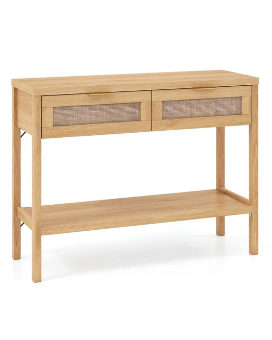 Rattan Console Table with 2 Drawers and Bottom Shelf-Natural - Natural - Console Tables