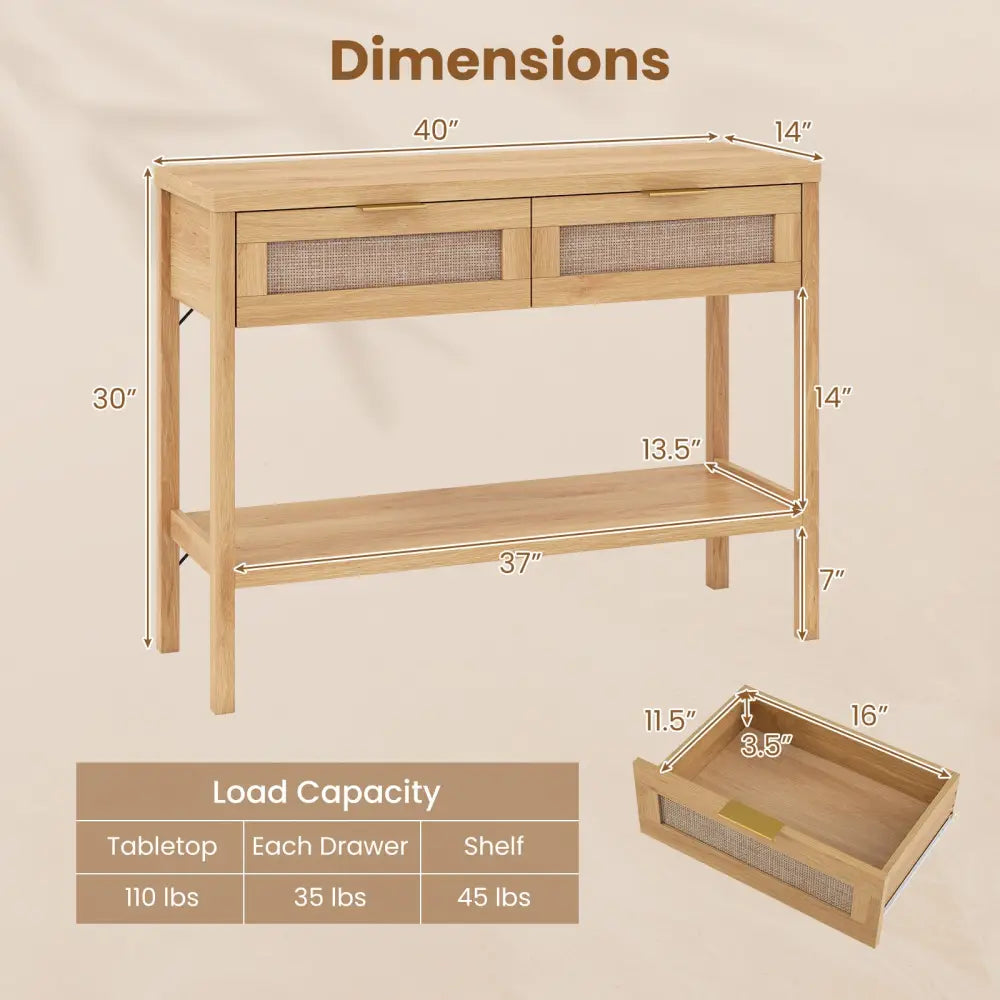 Rattan Console Table with 2 Drawers and Bottom Shelf-Natural - Natural - Console Tables