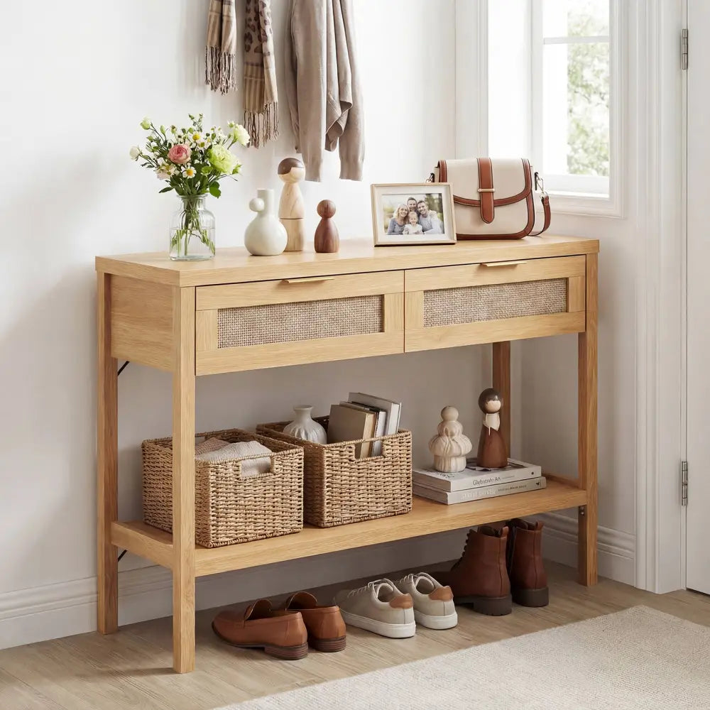 Rattan Console Table with 2 Drawers and Bottom Shelf-Natural - Natural - Console Tables