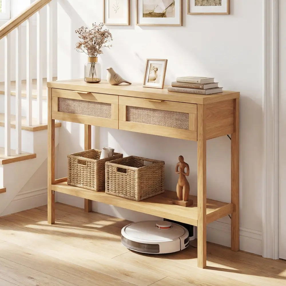 Rattan Console Table with 2 Drawers and Bottom Shelf-Natural - Natural - Console Tables