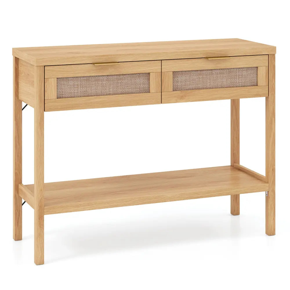 Rattan Console Table with 2 Drawers and Bottom Shelf-Natural - Natural - Console Tables