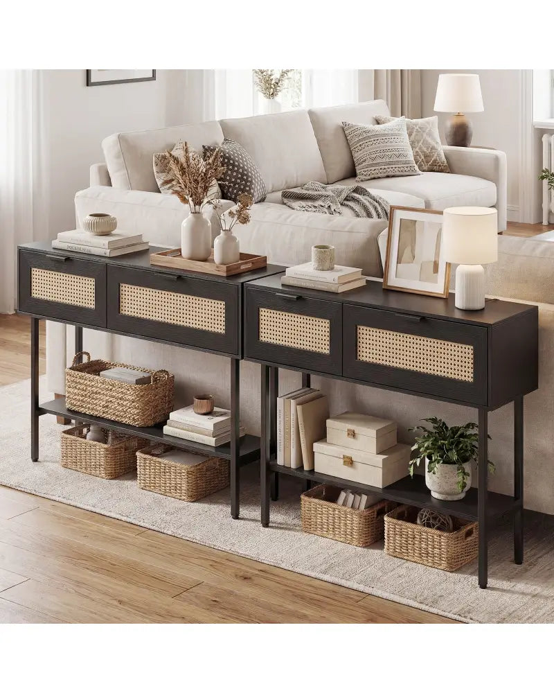 Rattan Console Table with 2 Storage Cabinets Shelf Carbon Steel Frame-Black - Black - Console Tables