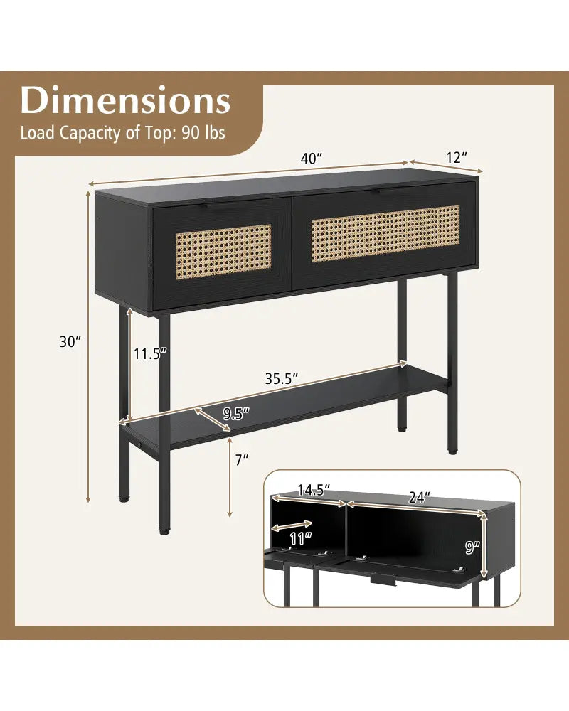 Rattan Console Table with 2 Storage Cabinets Shelf Carbon Steel Frame-Black - Black - Console Tables
