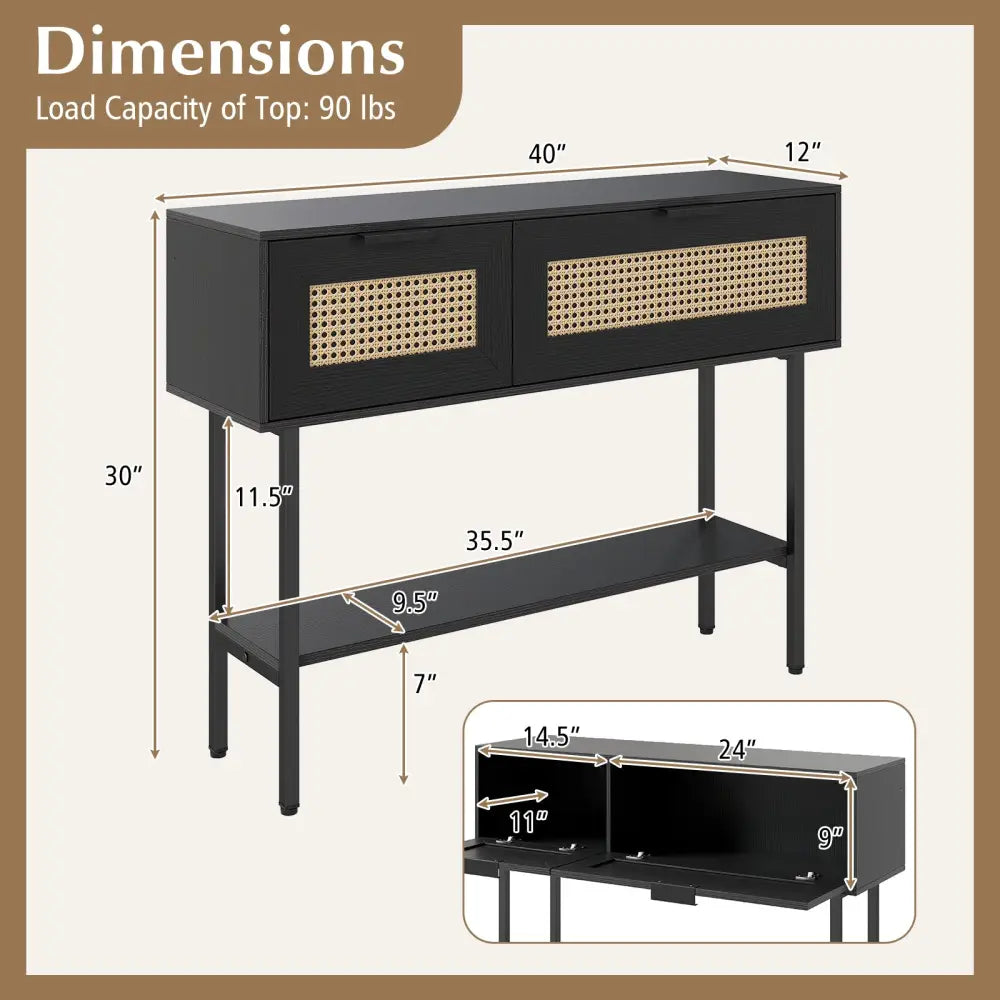 Rattan Console Table with 2 Storage Cabinets Shelf Carbon Steel Frame-Black - Black - Console Tables