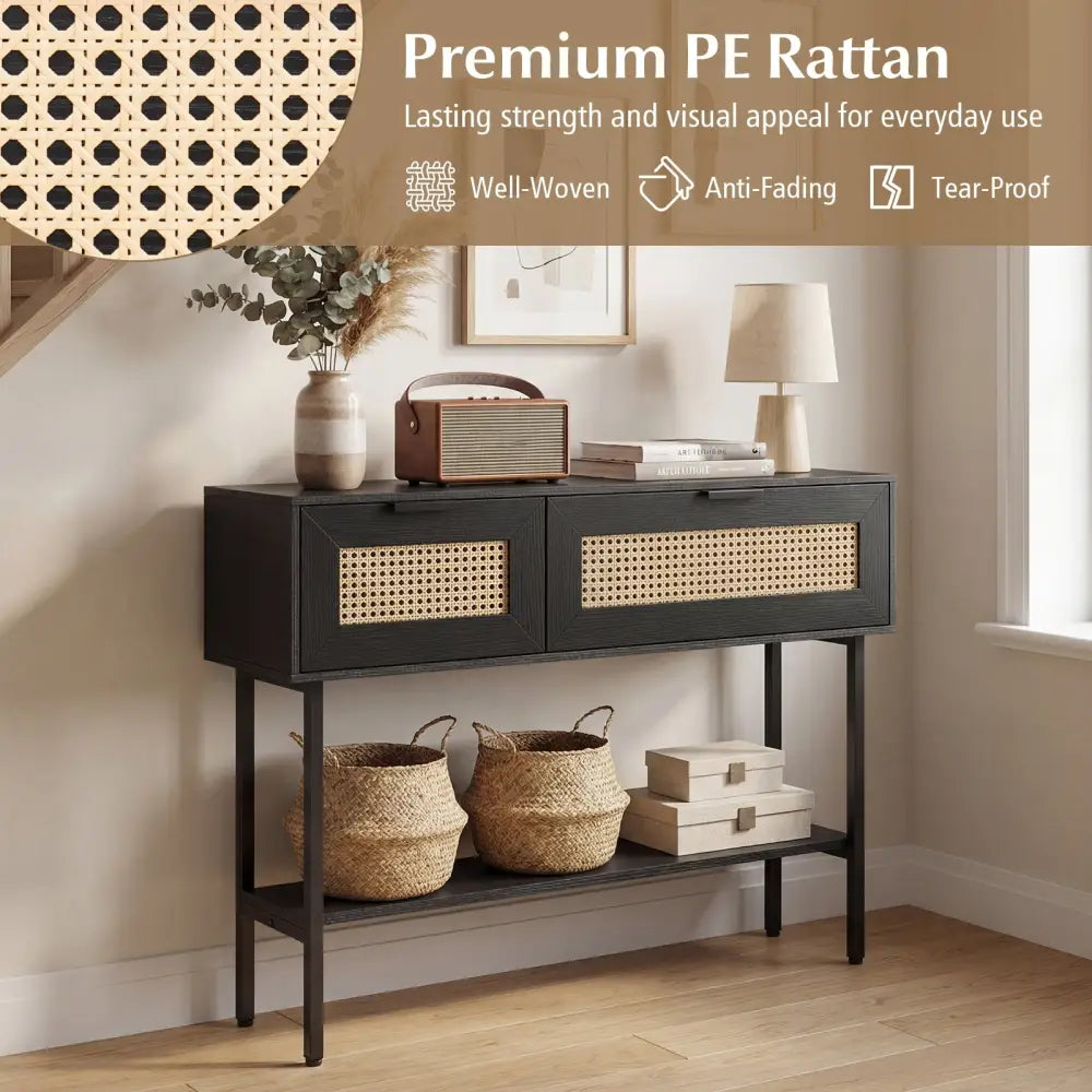 Rattan Console Table with 2 Storage Cabinets Shelf Carbon Steel Frame-Black - Black - Console Tables