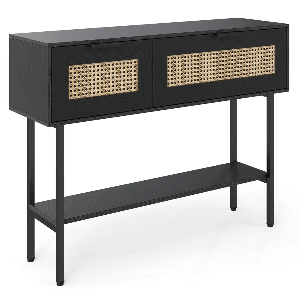 Rattan Console Table with 2 Storage Cabinets Shelf Carbon Steel Frame-Black - Black - Console Tables