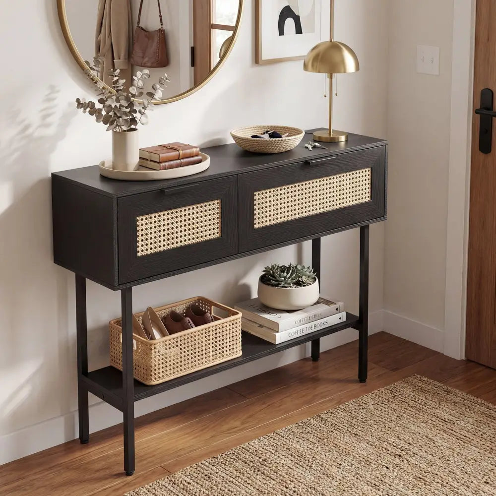 Rattan Console Table with 2 Storage Cabinets Shelf Carbon Steel Frame-Black - Black - Console Tables
