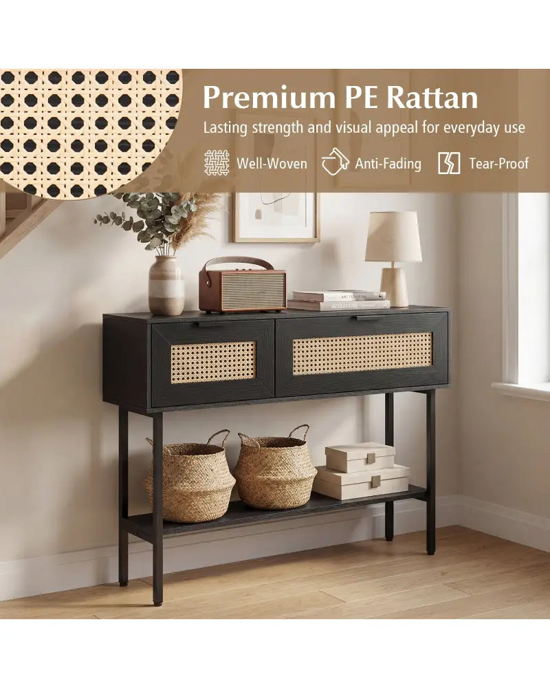Rattan Console Table with 2 Storage Cabinets Shelf Carbon Steel Frame-Black - Black - Console Tables