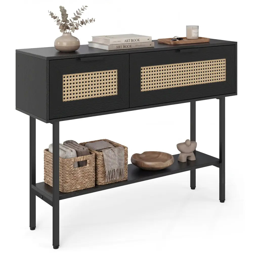 Rattan Console Table with 2 Storage Cabinets Shelf Carbon Steel Frame-Black - Black - Console Tables