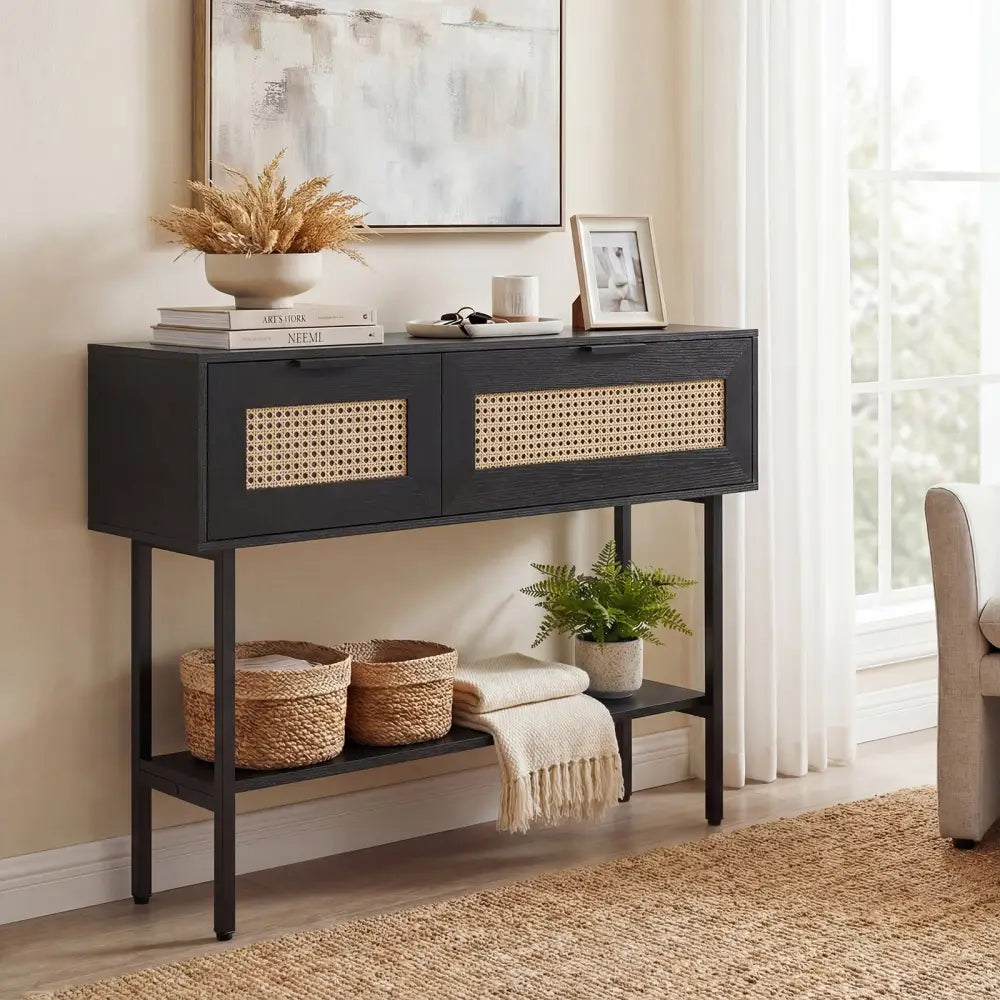 Rattan Console Table with 2 Storage Cabinets Shelf Carbon Steel Frame-Black - Black - Console Tables