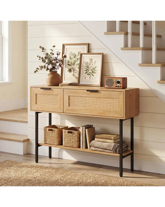 Rattan Console Table with 2 Storage Cabinets Shelf Carbon Steel Frame-Natural - Natural - Console Tables