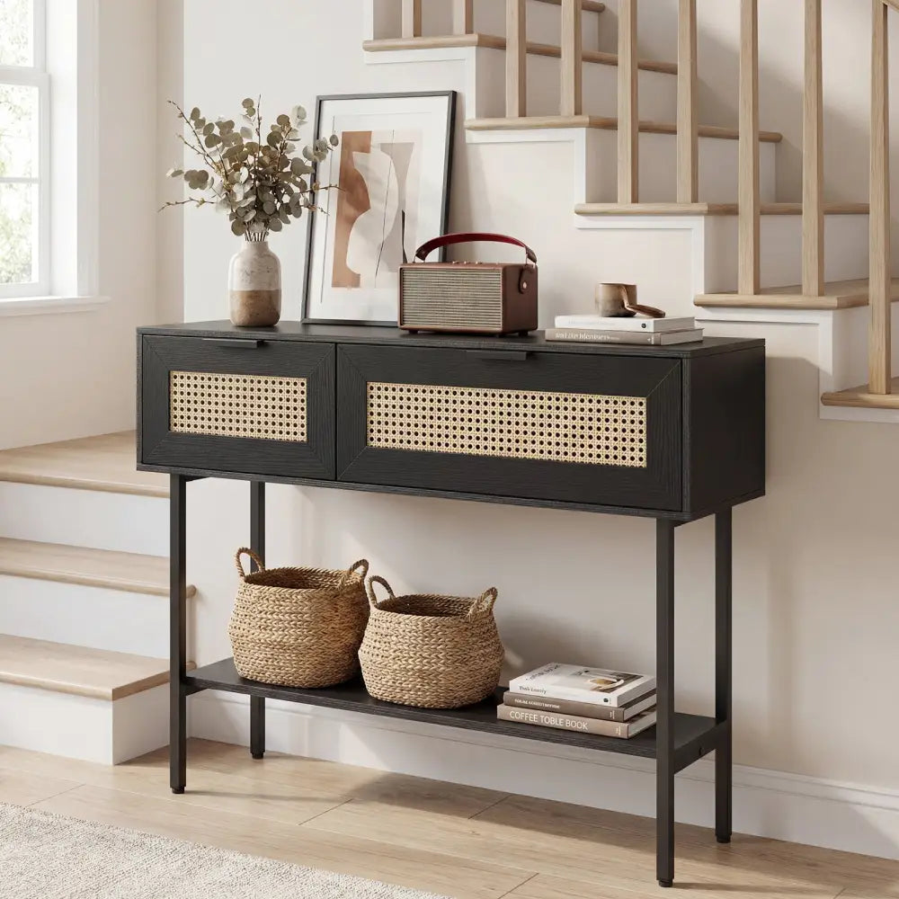 Rattan Console Table with 2 Storage Cabinets Shelf Carbon Steel Frame-Black - Black - Console Tables