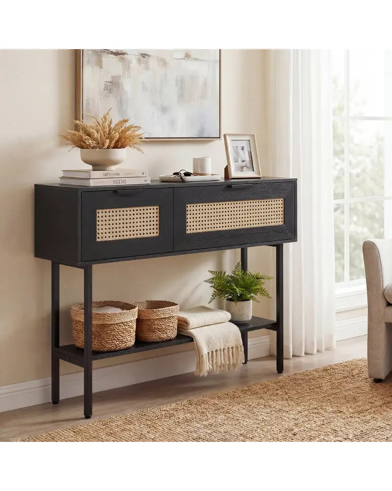 Rattan Console Table with 2 Storage Cabinets Shelf Carbon Steel Frame-Black - Black - Console Tables
