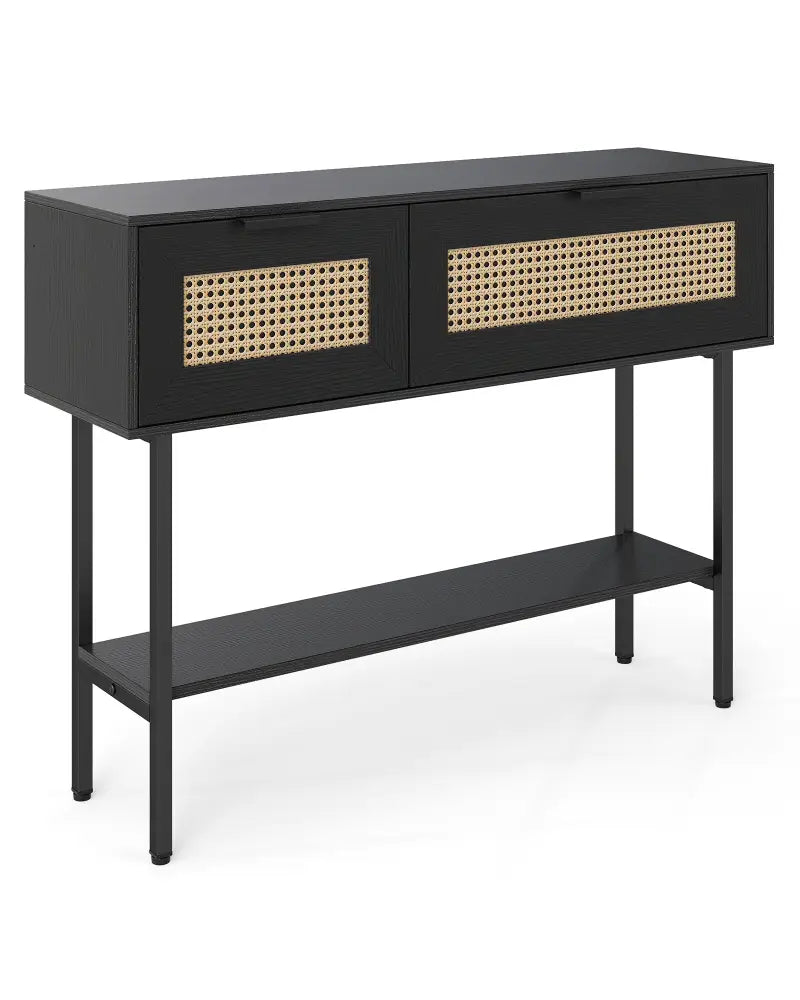 Rattan Console Table with 2 Storage Cabinets Shelf Carbon Steel Frame-Black - Black - Console Tables