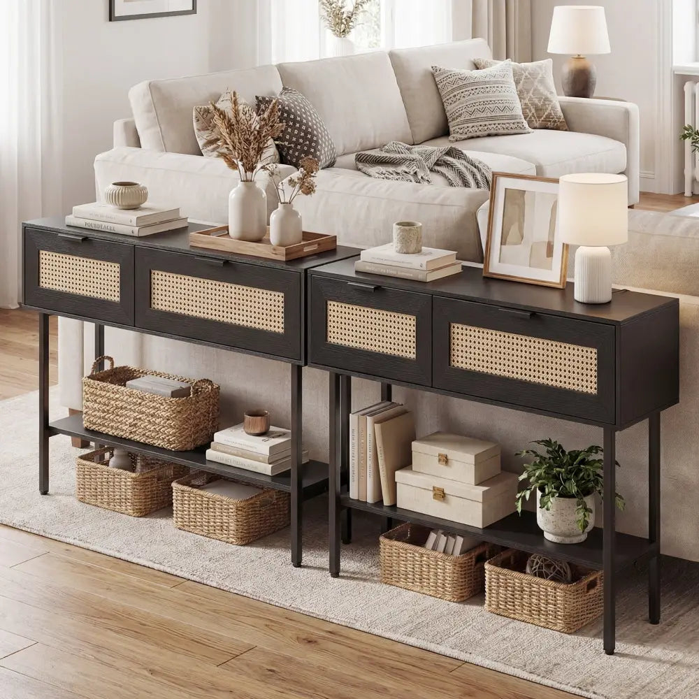 Rattan Console Table with 2 Storage Cabinets Shelf Carbon Steel Frame-Black - Black - Console Tables