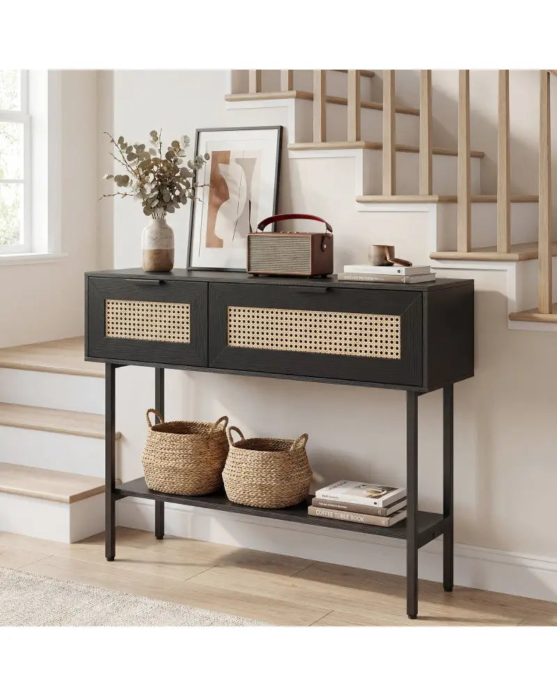 Rattan Console Table with 2 Storage Cabinets Shelf Carbon Steel Frame-Black - Black - Console Tables