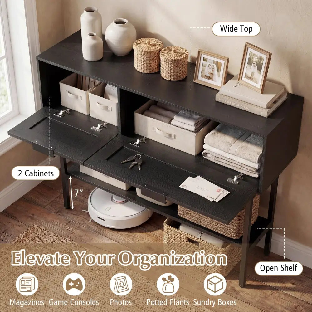 Rattan Console Table with 2 Storage Cabinets Shelf Carbon Steel Frame-Black - Black - Console Tables