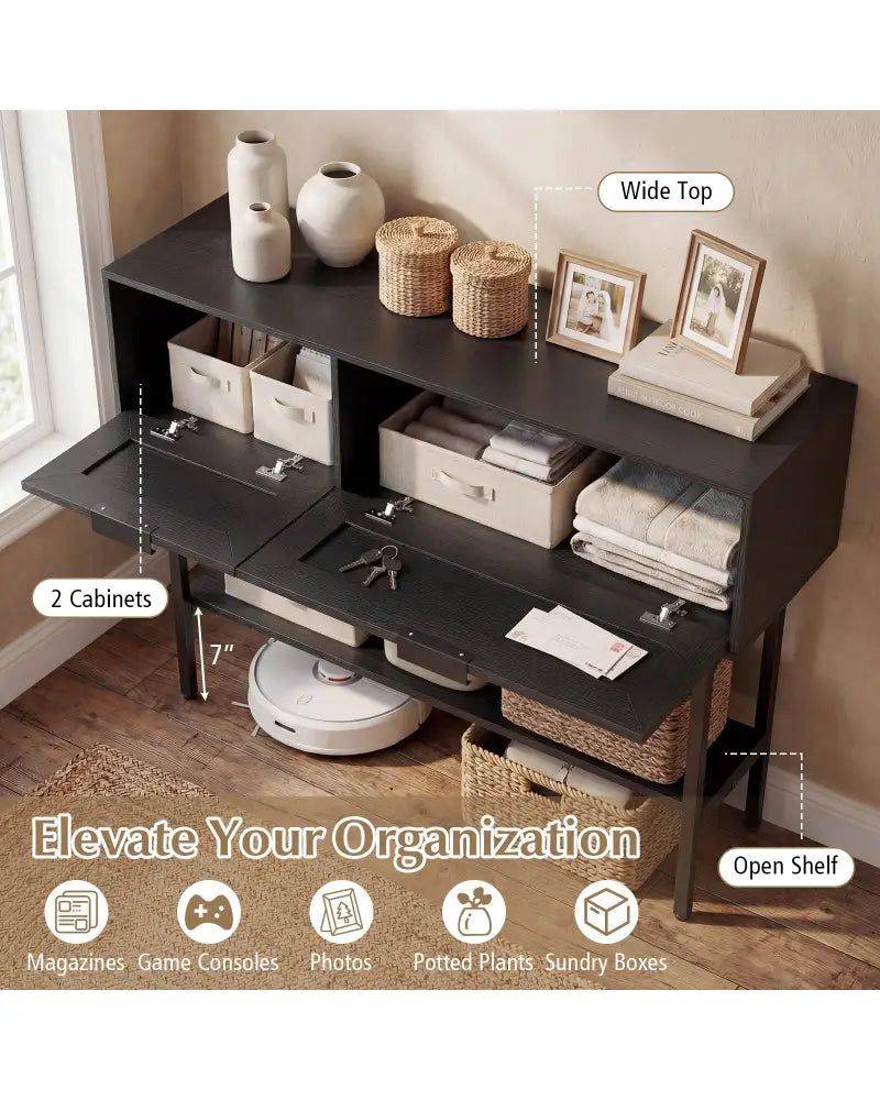 Rattan Console Table with 2 Storage Cabinets Shelf Carbon Steel Frame-Black - Black - Console Tables
