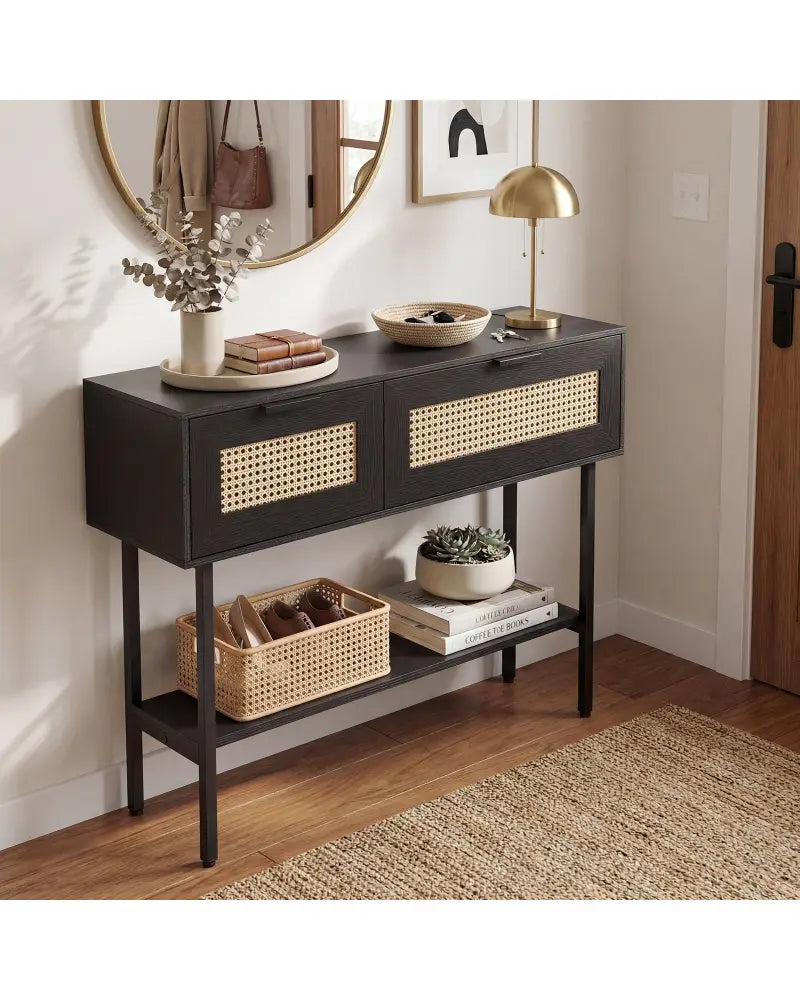 Rattan Console Table with 2 Storage Cabinets Shelf Carbon Steel Frame-Black - Black - Console Tables